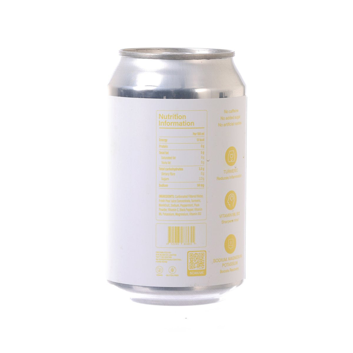 Sparkling turmeric soda can back with nutrition and ingredients panel