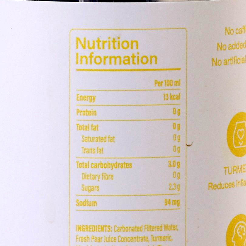 Nutrition facts panel for turmeric soda can, per 100 ml details