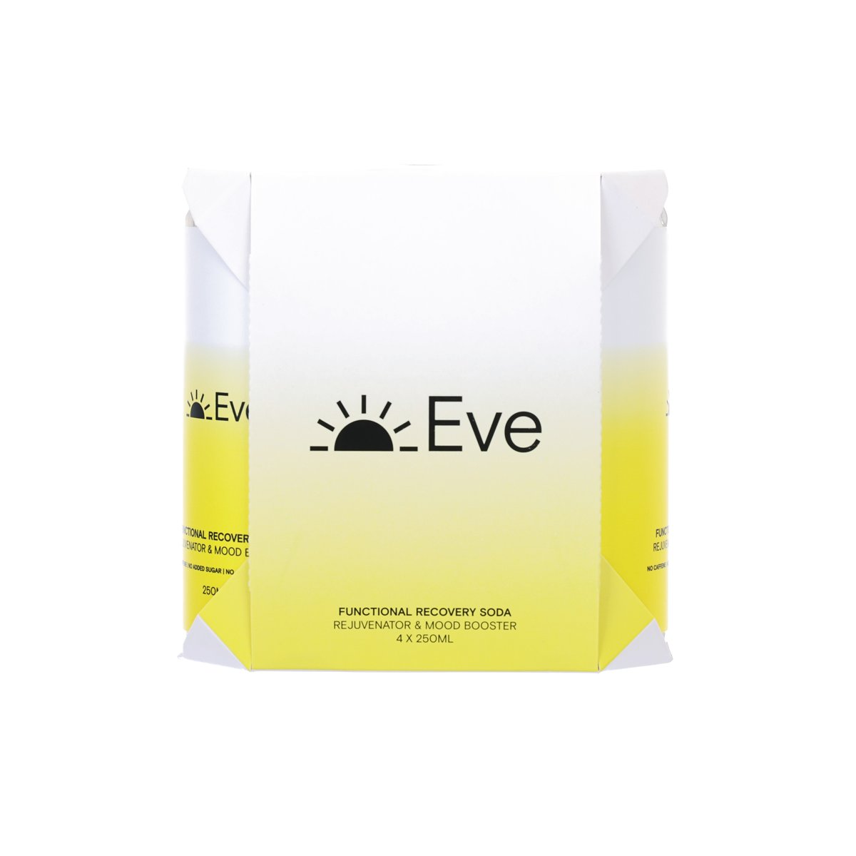 Functional recovery soda set carton with 4 x 330mL cans, yellow-and-white branding