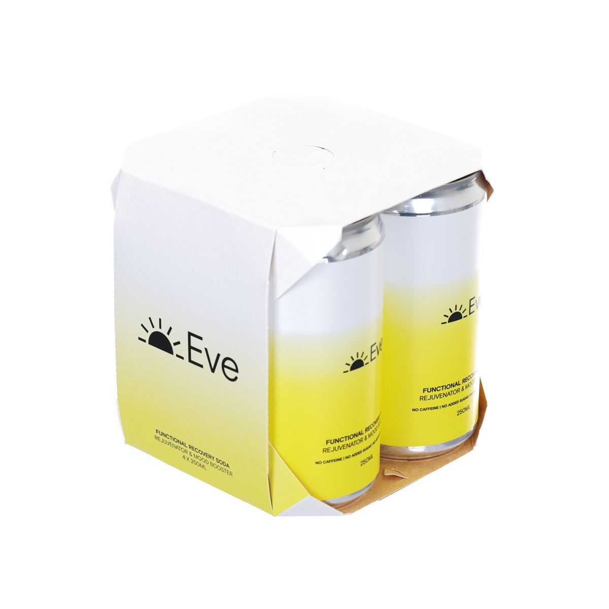 Functional recovery soda set with two yellow cans and foil tops in white carton