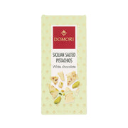 DOMORI Sicilian salted pistachios white chocolate bar, 75g box package front