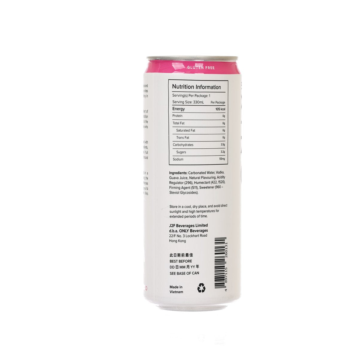 Guava vodka soda can back with nutrition information panel