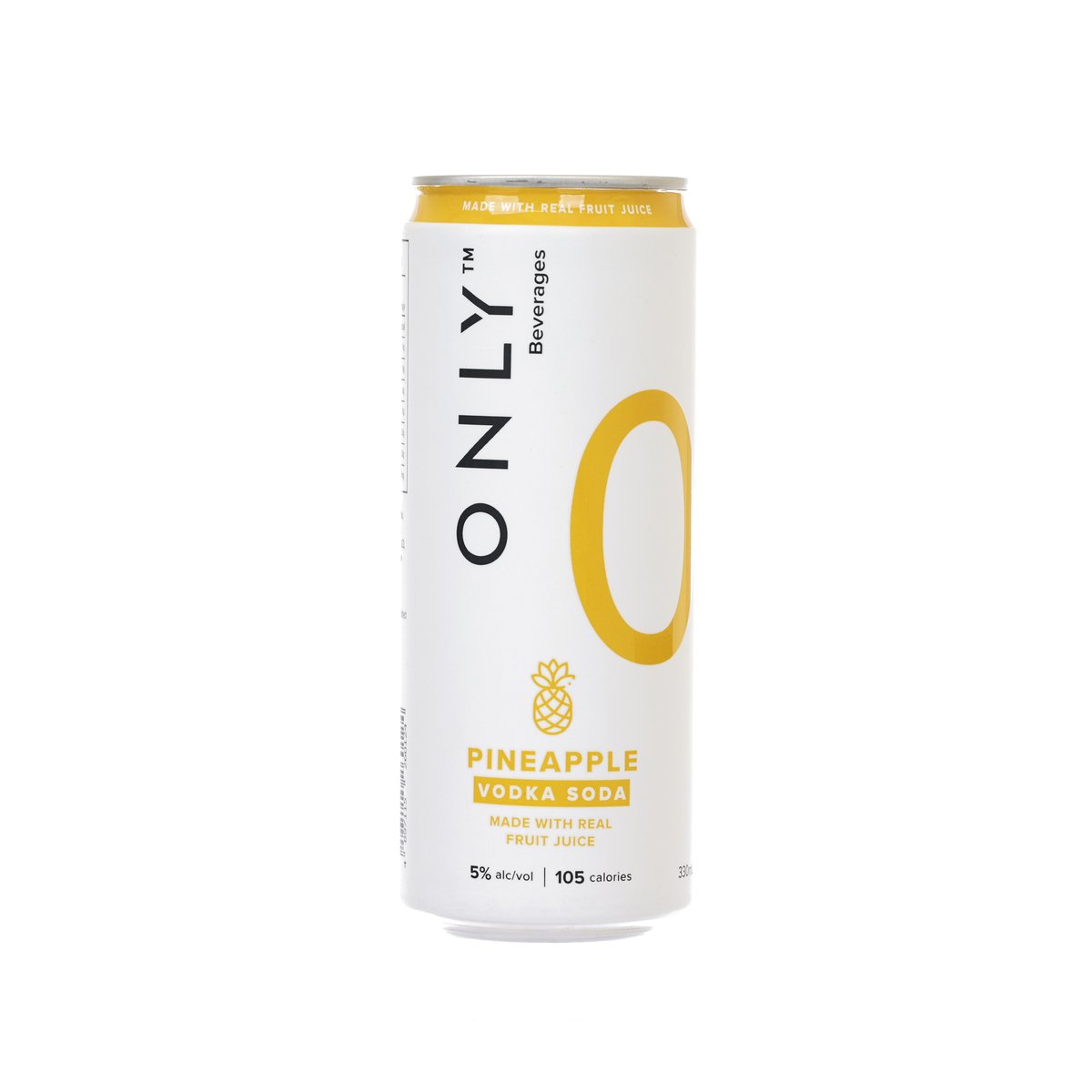 Pineapple vodka soda can, white with gold cap and pineapple graphic