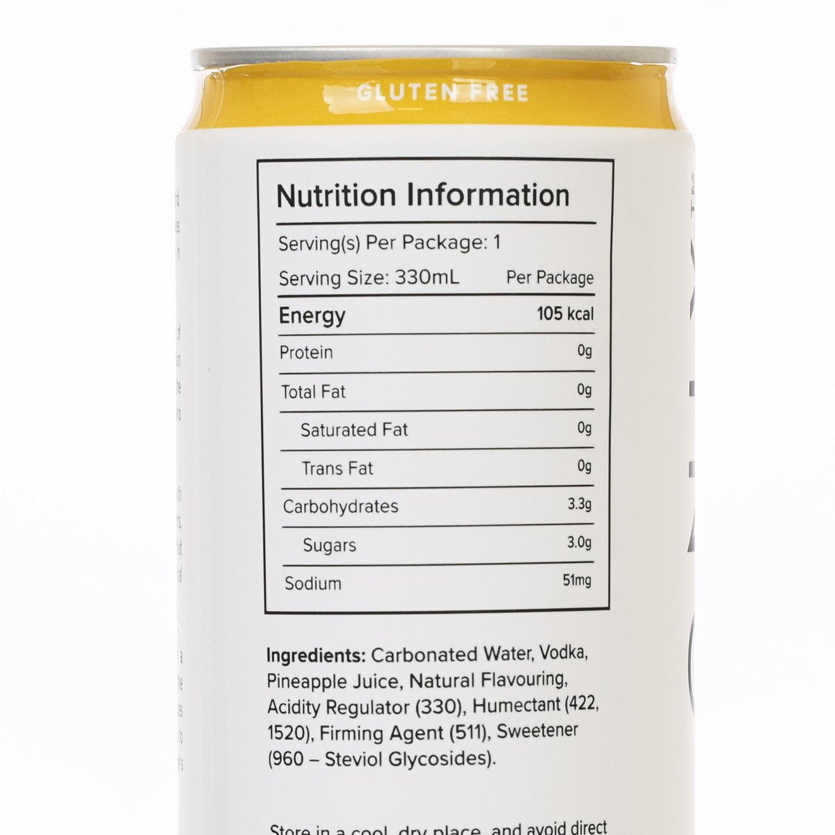 Pineapple vodka soda can nutrition facts panel, serving size 330 mL