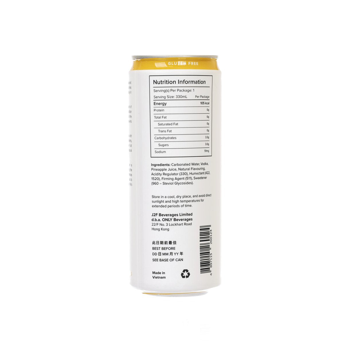 Pineapple vodka soda can back nutrition panel with barcode and ingredients