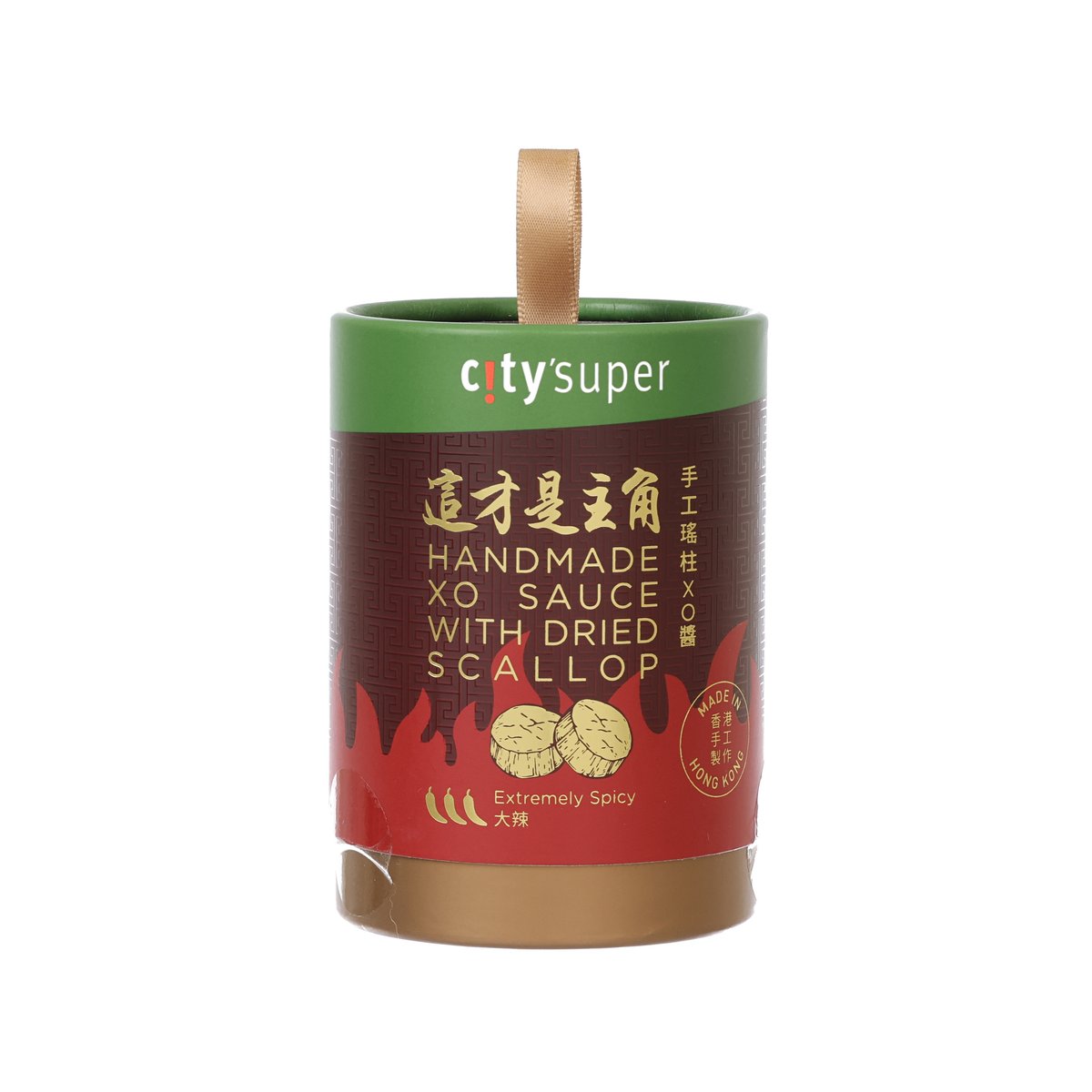 CITYSUPER spicy XO sauce jar with green lid and ribbon handle, red front label