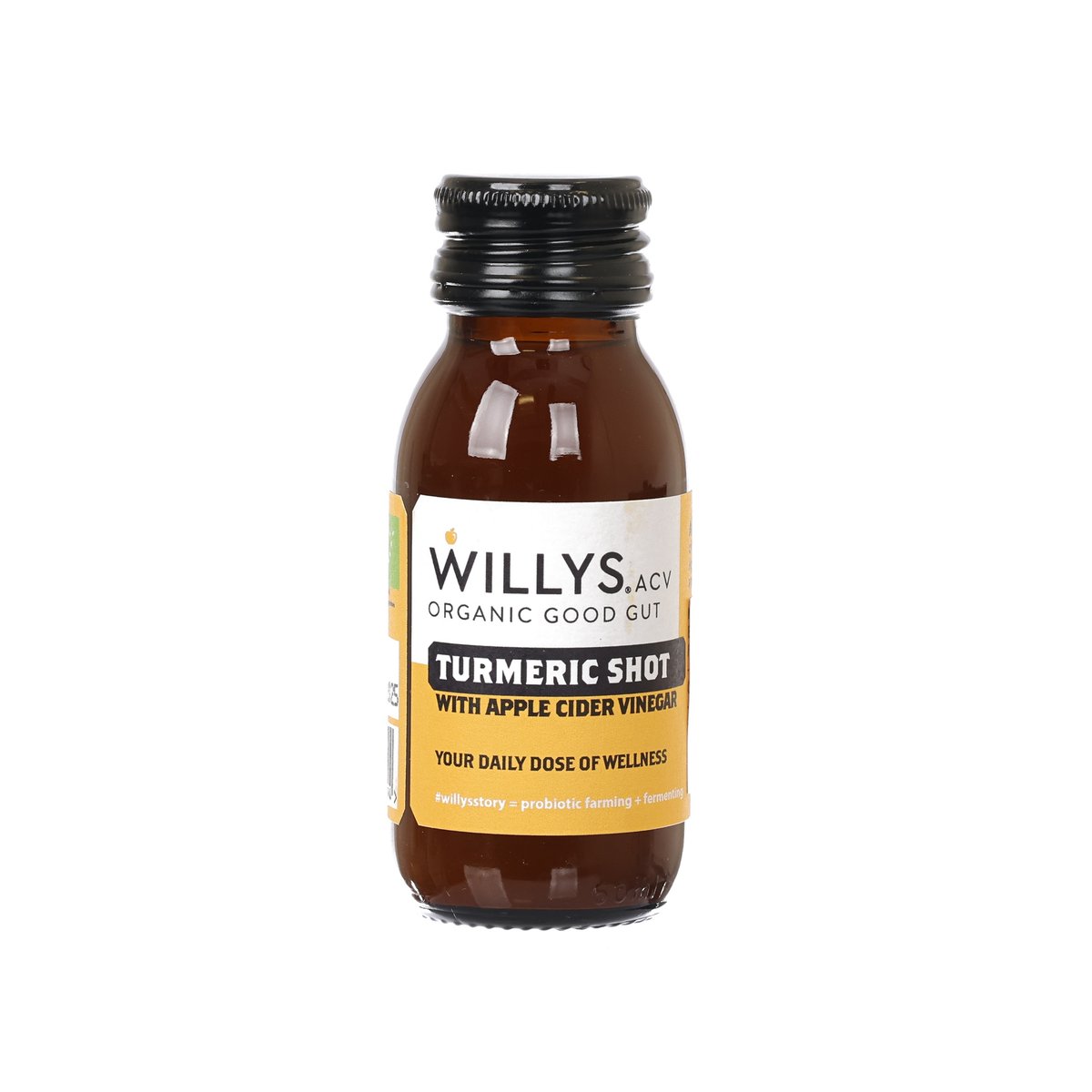 Organic turmeric shot bottle with apple cider vinegar, amber liquid, black cap