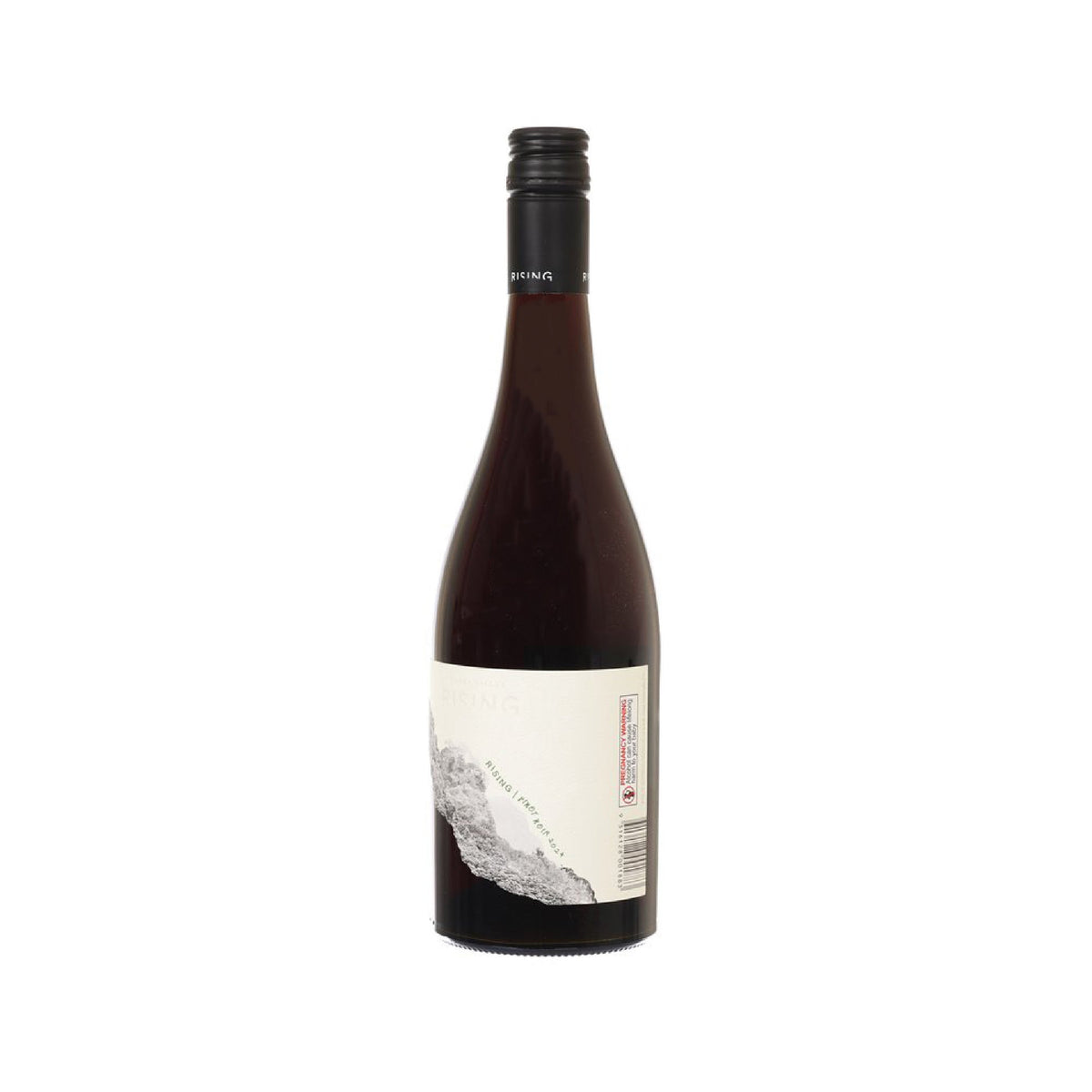 Rising Vineyard Pinot Noir bottle showing white label with barcode