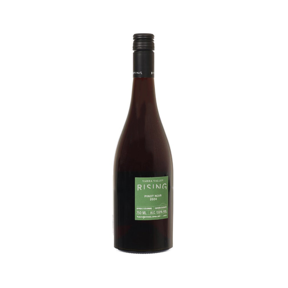 Rising Vineyard Pinot Noir bottle with green label panel on front
