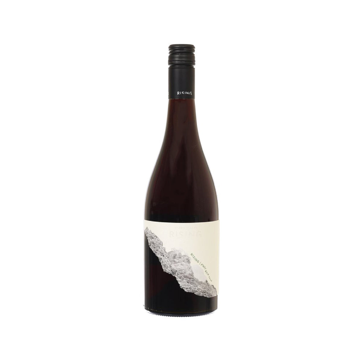 Rising Vineyard Pinot Noir bottle with white label panel and dark glass