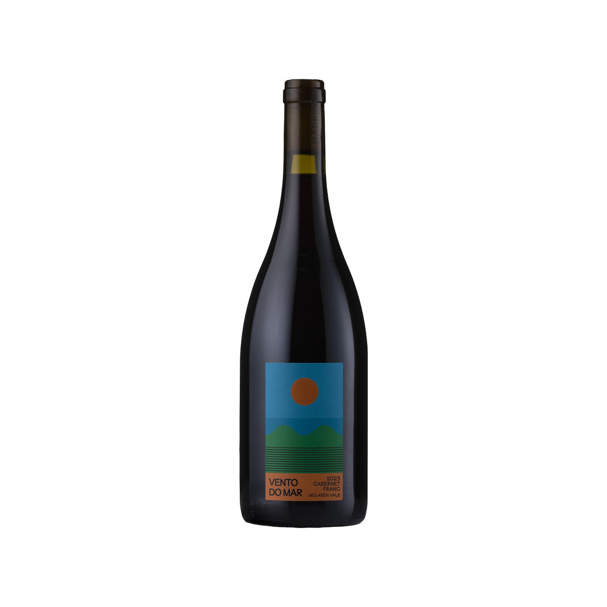 Dark glass wine bottle with front label and greenish neck foil