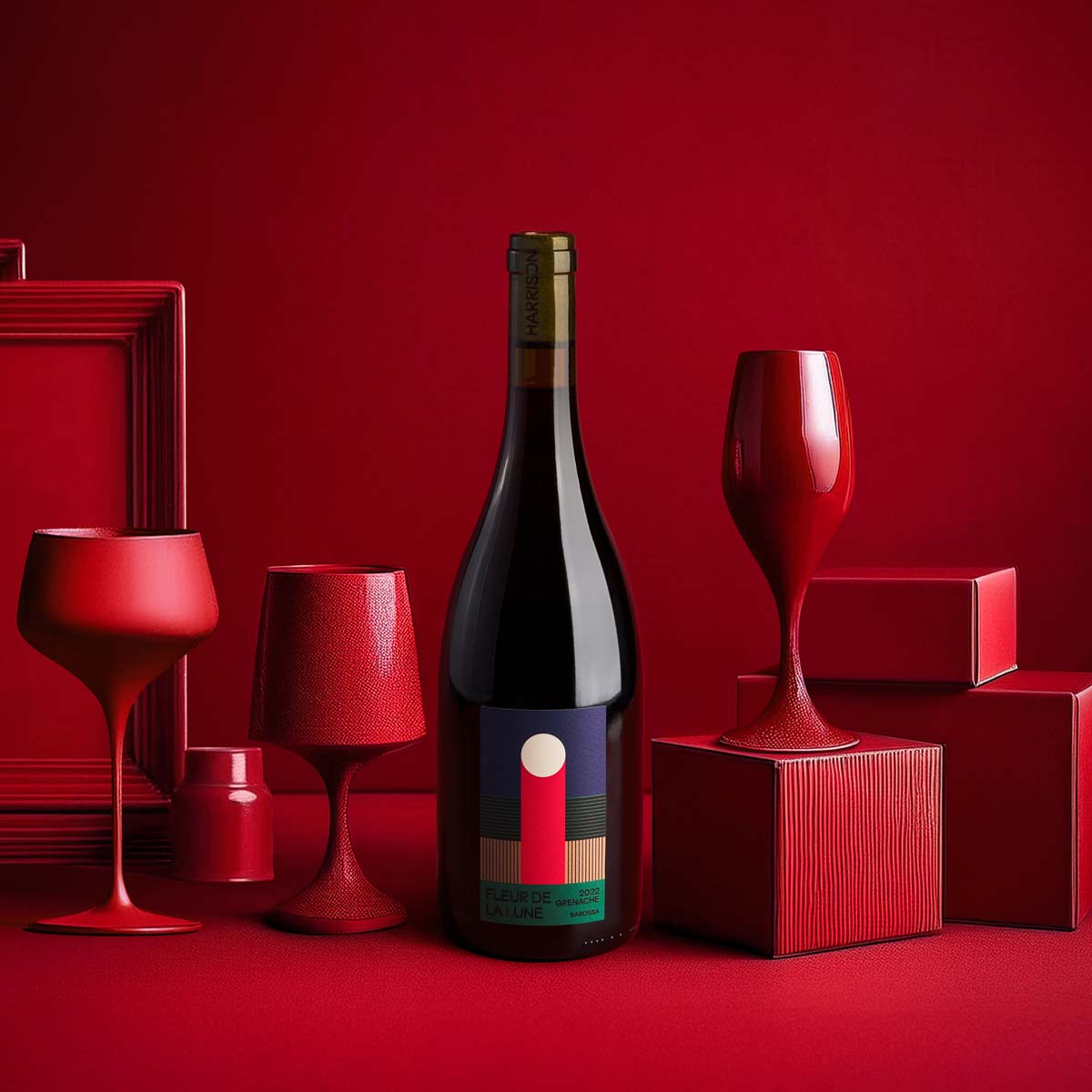 HARRISON WINES Fleur De Lune Grenache wine bottle with gold cap and colorful label
