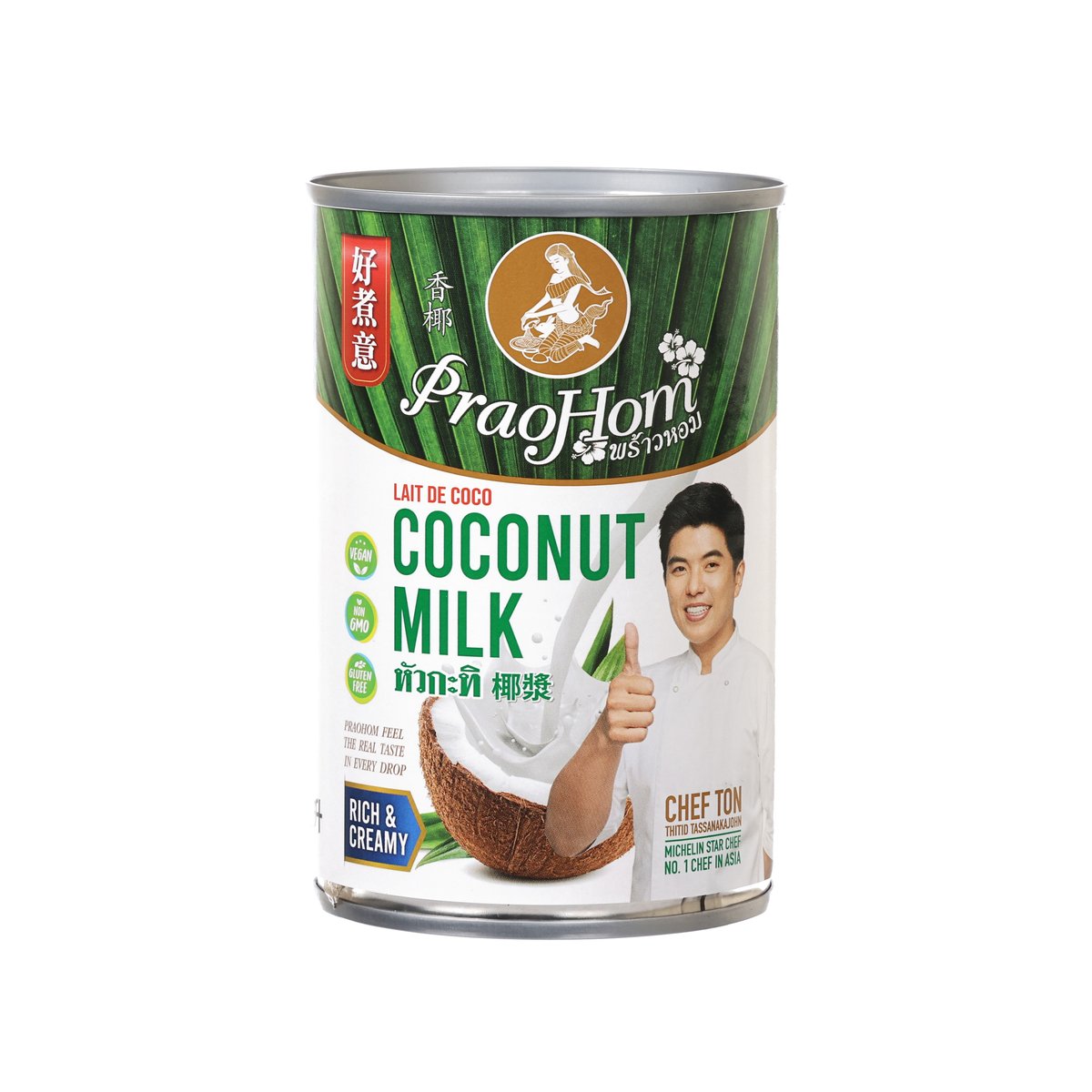PRAOHOM coconut milk can, 400 mL, front label with coconut and chef figure