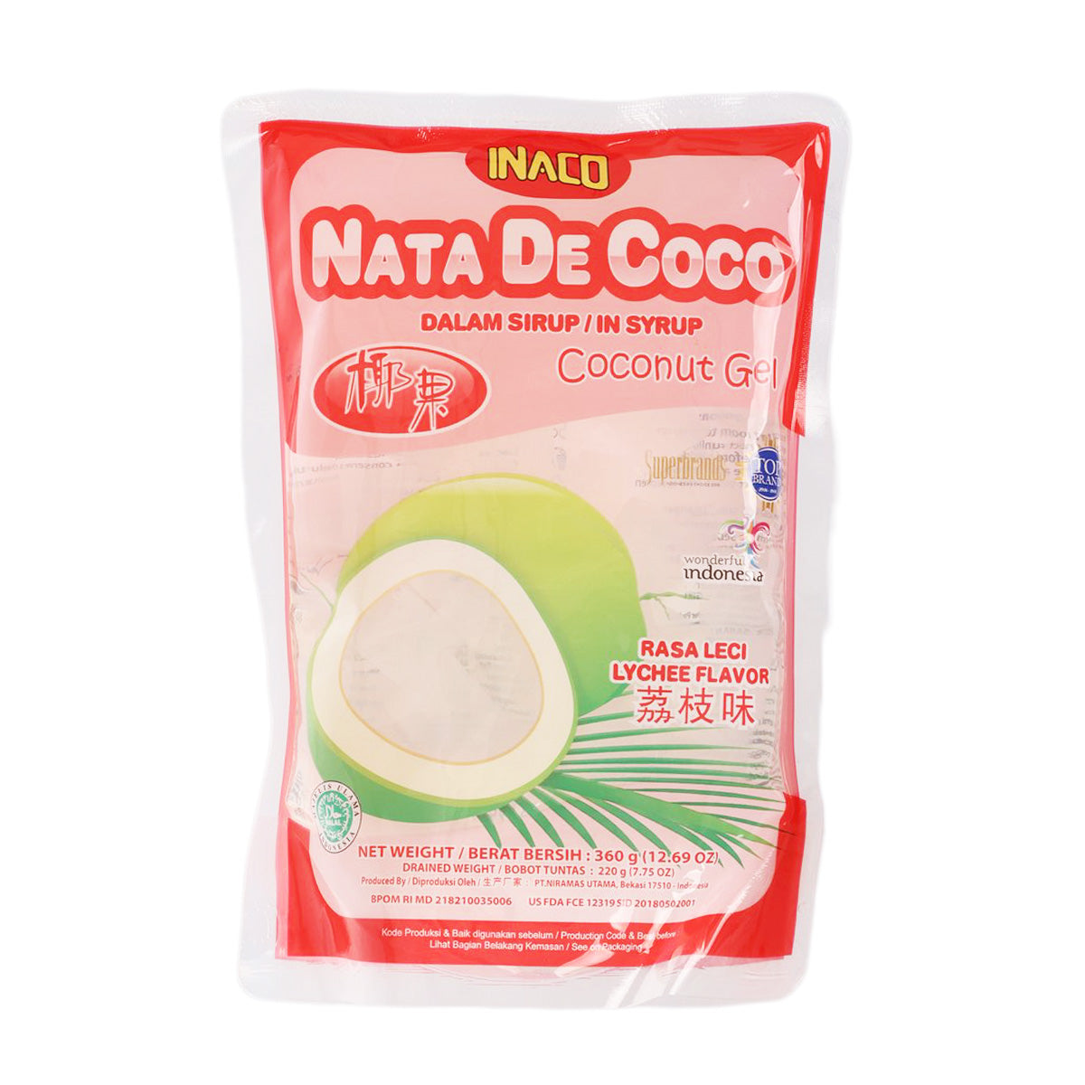 Lychee coconut gel pouch, 360g INACO, red and white packaging with green lychee graphic