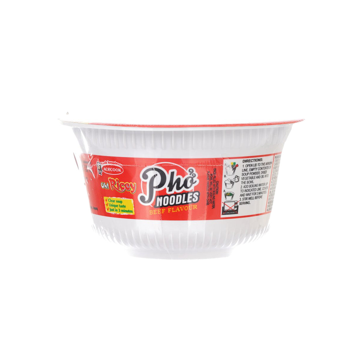 Instant rice noodle cup side view with red Pho Noodles beef flavour label
