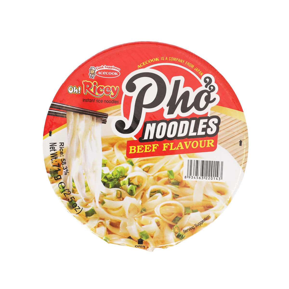 Instant rice noodle cup with red and white Pho Noodles label, beef flavour