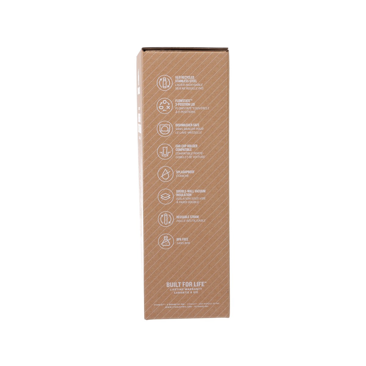 STANLEY Quencher H2.0 Tumbler 30oz box back panel with icons and specs