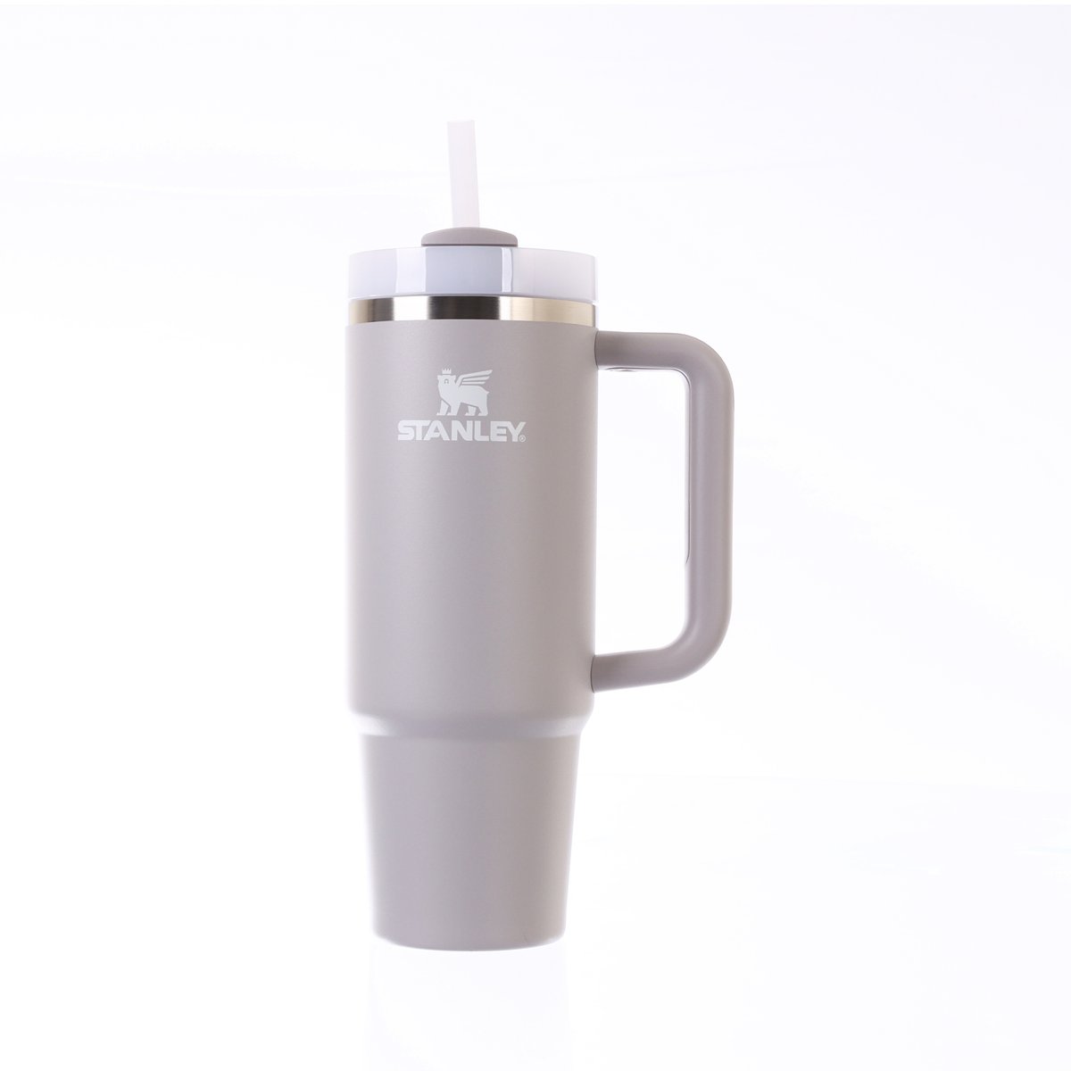STANLEY 30oz vacuum tumbler in ash gray, with straw lid and side handle