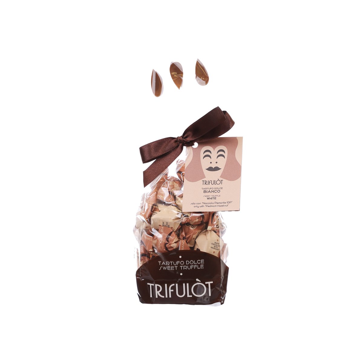 TRIFULÒT white pralines with IGP Piemonte hazelnut in ribbon-tied gift bag