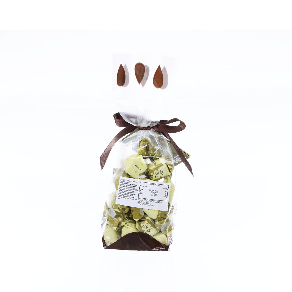 Bag of pistachio white pralines in clear wrapping with brown ribbon and label