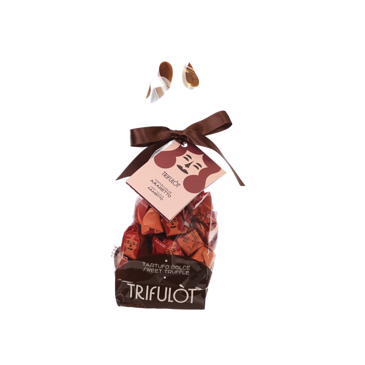 Chocolate truffle gift bag with brown ribbon and assorted pralines