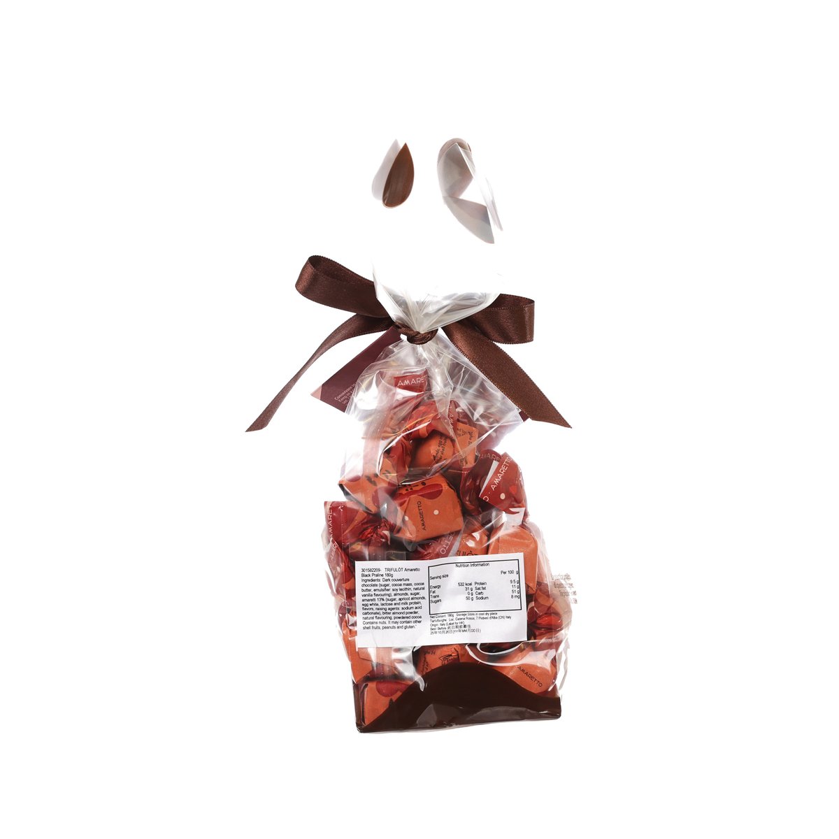 Chocolate truffle bag with clear wrapper, brown ribbon, and orange praline pieces