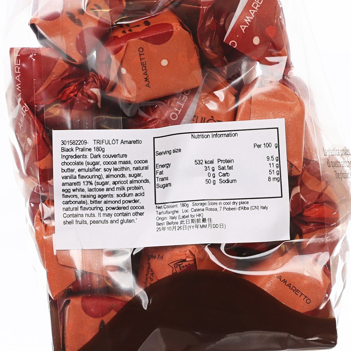 Chocolate truffle ingredients and nutrition label on Amaretto pralines bag