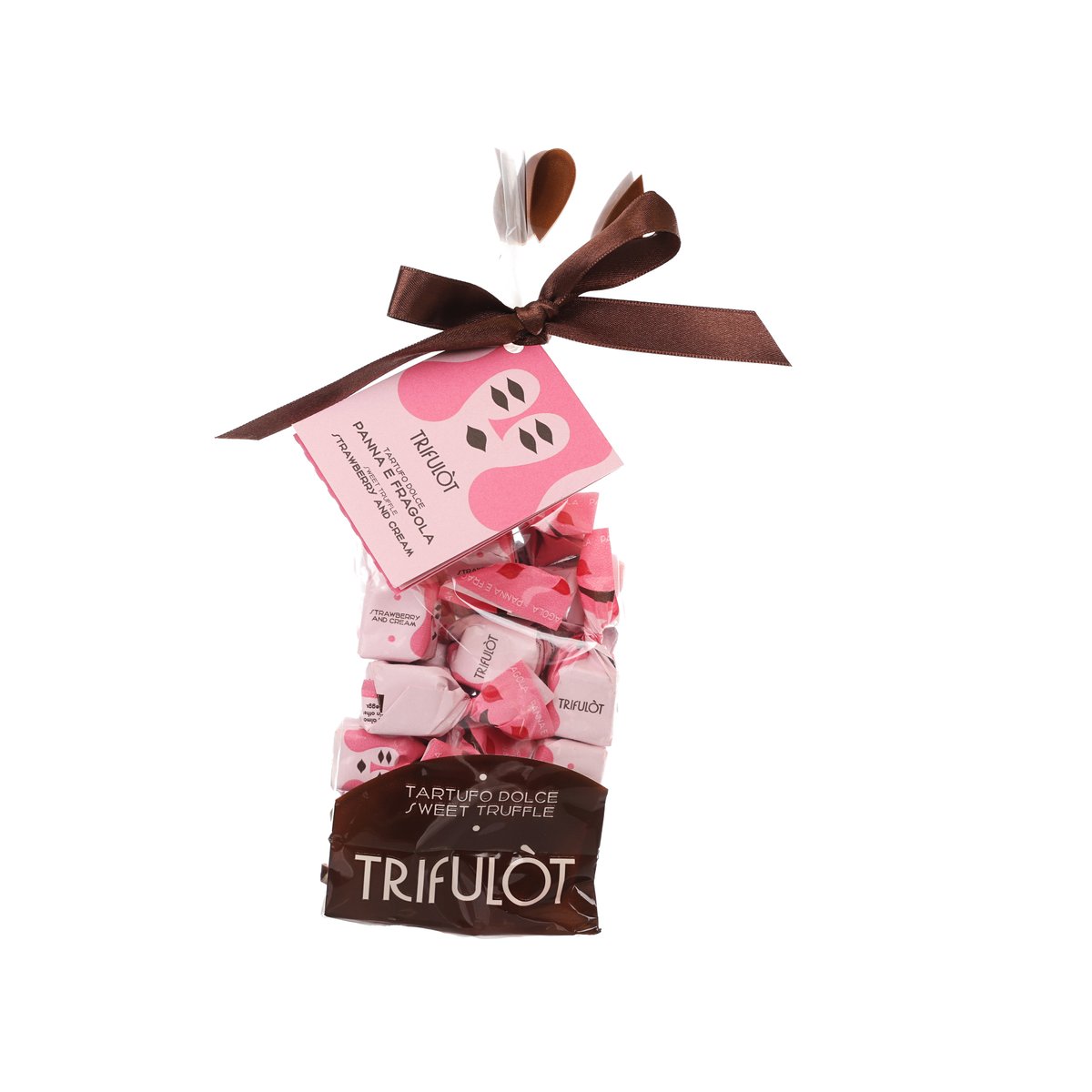 TRIFULÒT strawberry and cream white pralines in a tied gift bag
