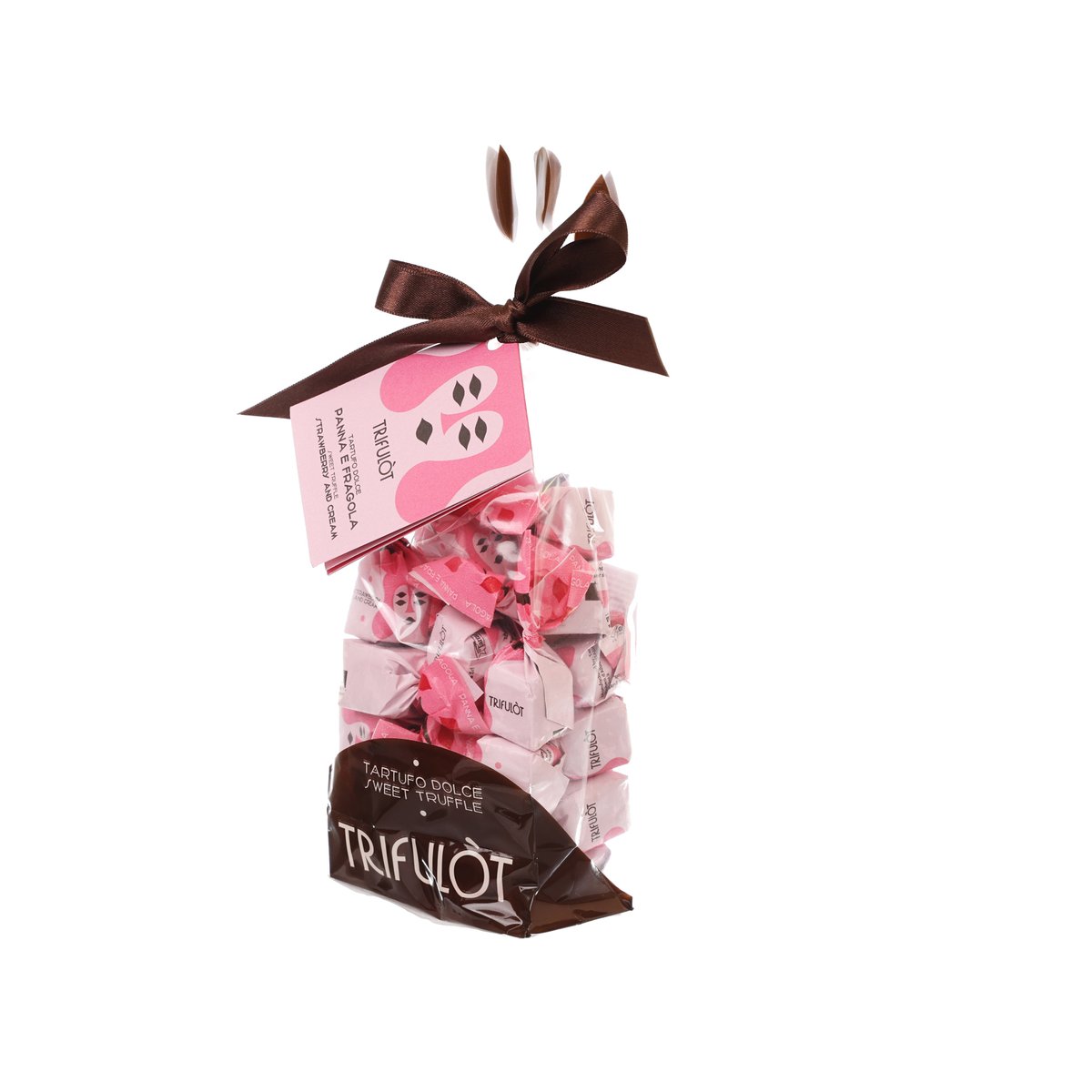 TRIFULÒT strawberry and cream white pralines in tied clear gift bag