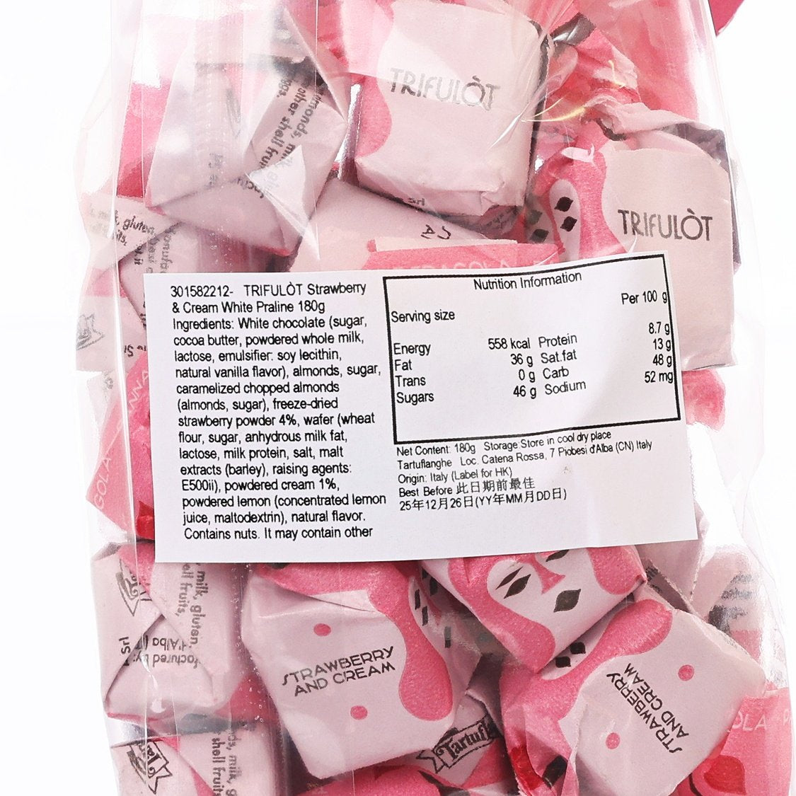 TRIFULÒT strawberry and cream white pralines in a clear bag, labeled 180g