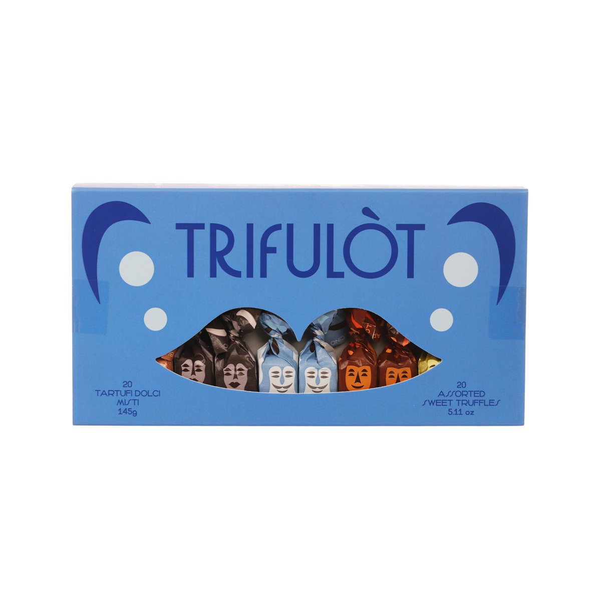 TRIFULÒT assorted pralines box, blue package with visible chocolate assortment