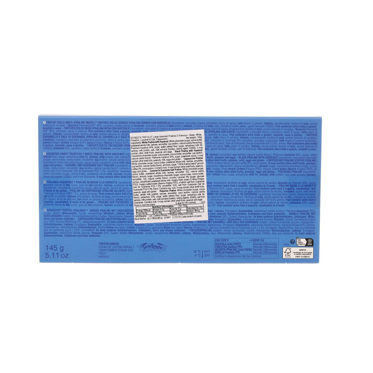 TRIFULÒT assorted pralines box back view with nutrition label
