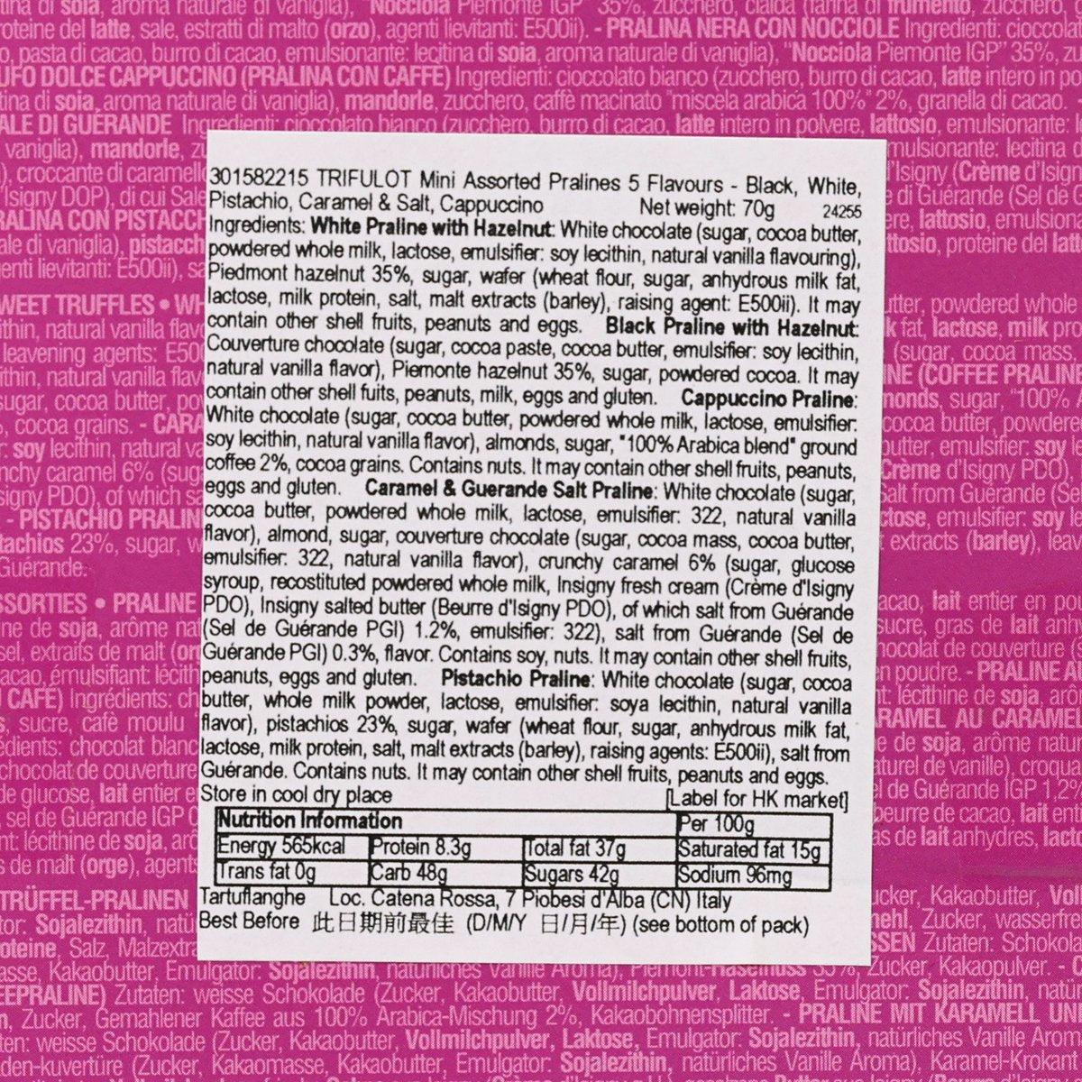 TRIFULÒT mini assorted pralines bag with 5 flavors and visible nutrition label, 70g