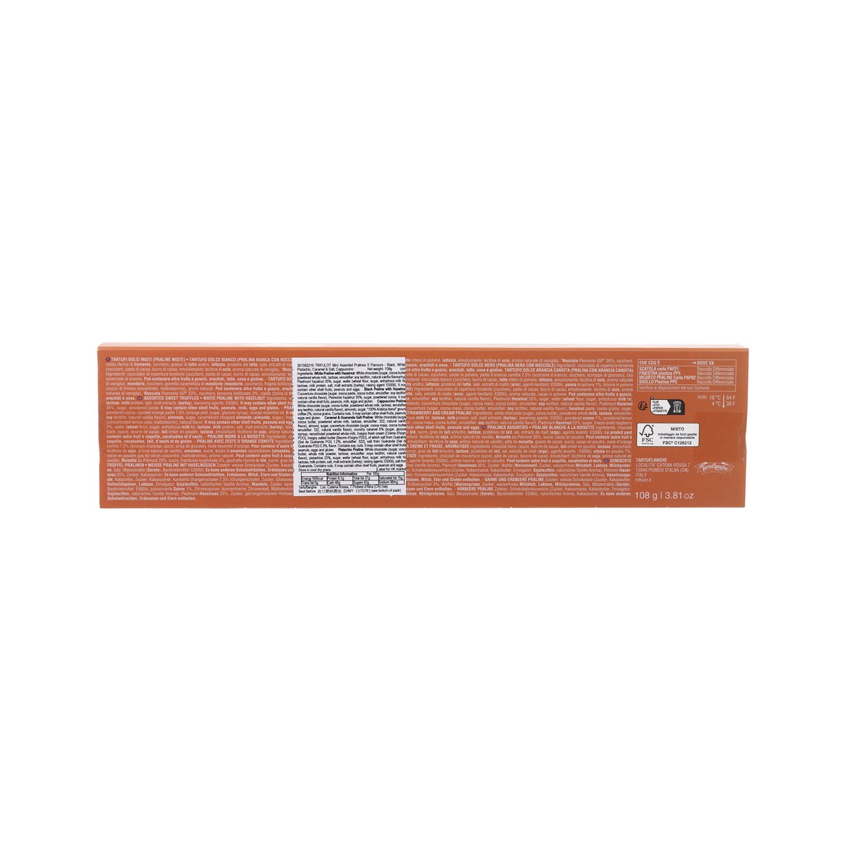 Assorted pralines box back panel with ingredient and nutrition text