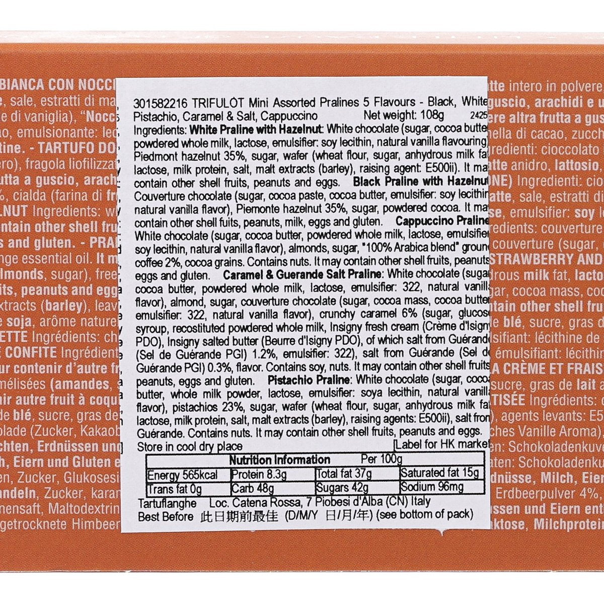 Assorted pralines box close-up of nutrition information and ingredients label