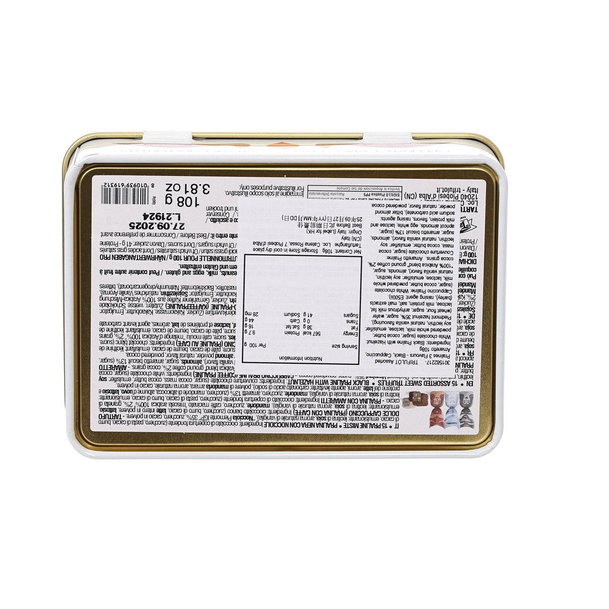 TRIFULÒT assorted pralines tin, back view with nutrition label