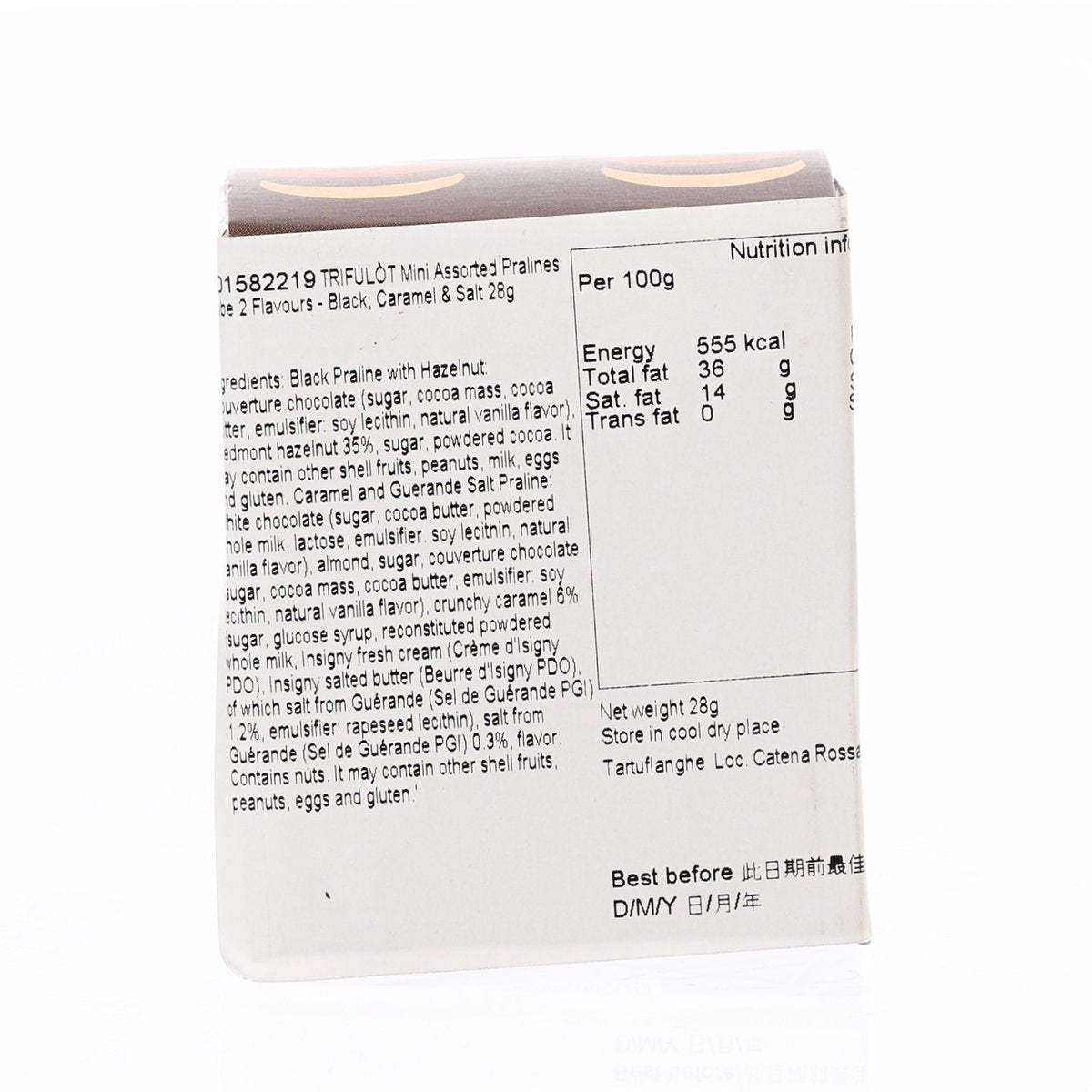 Mini praline box side with ingredient text and nutrition table, net wt 28 g