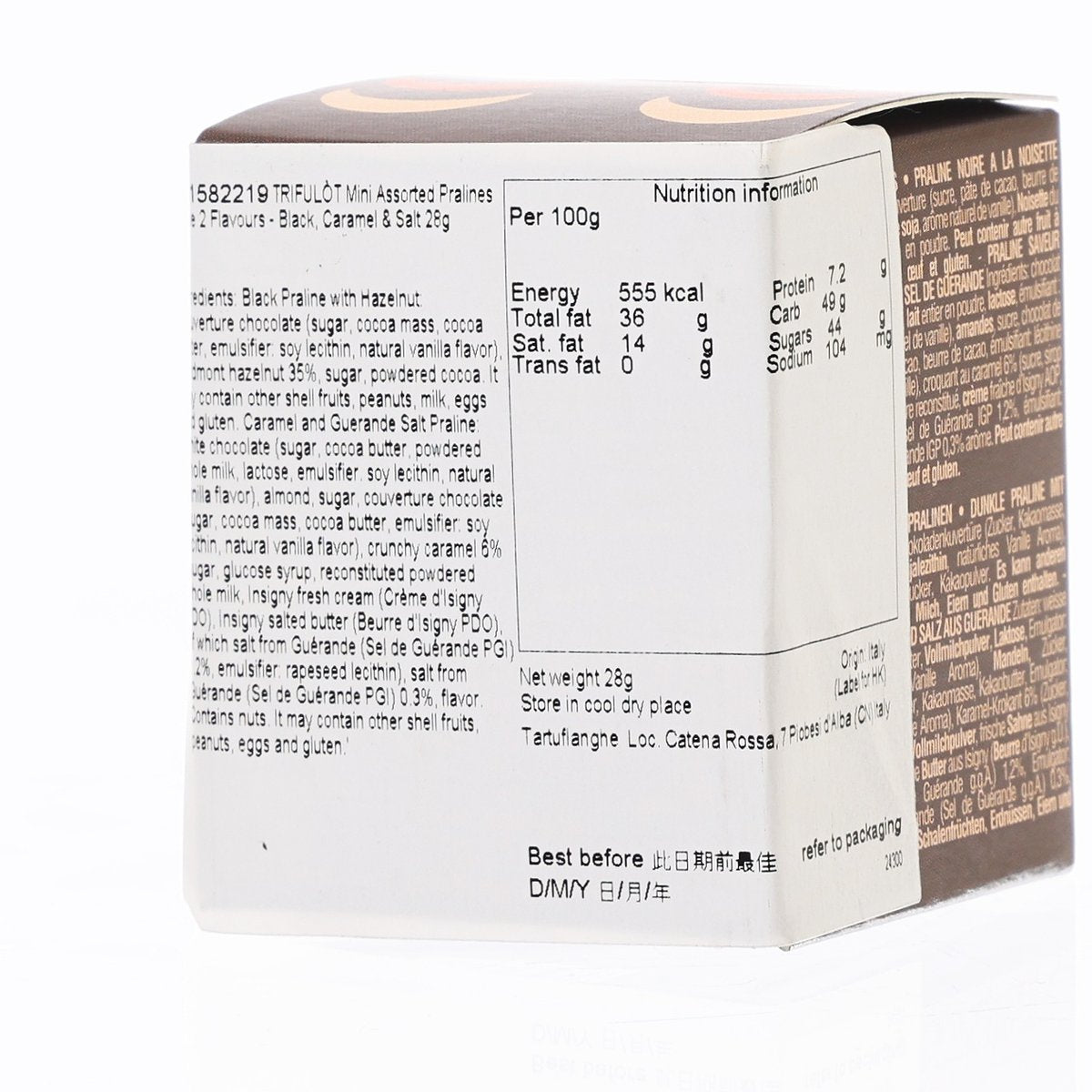 Mini praline box side panel with nutrition information and protein details