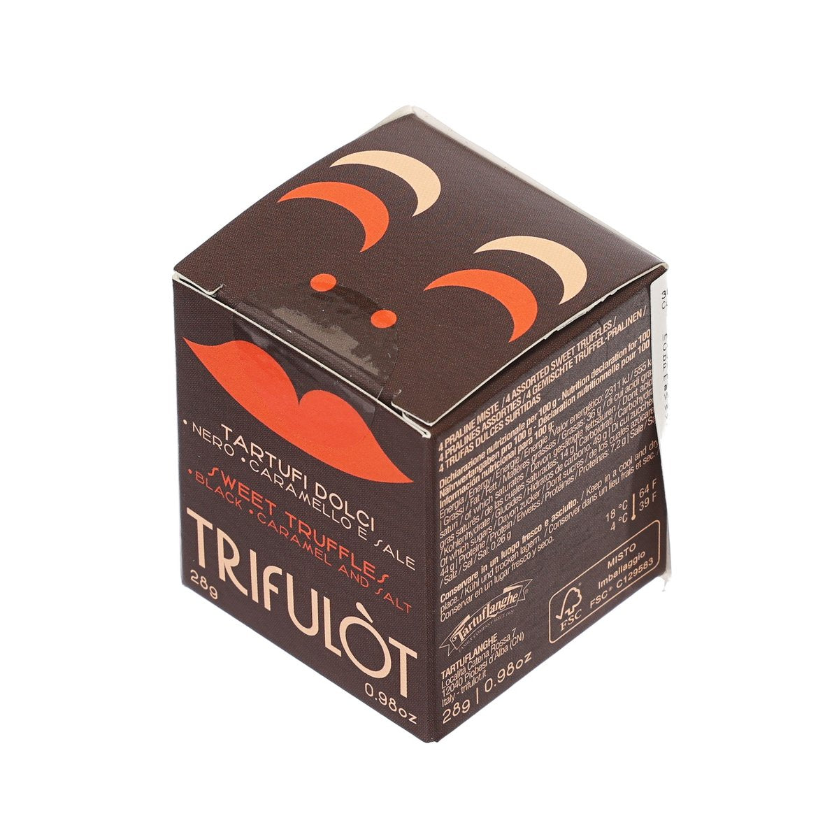 TRIFULÒT mini assorted praline cube box, dark brown with orange graphics, 28g