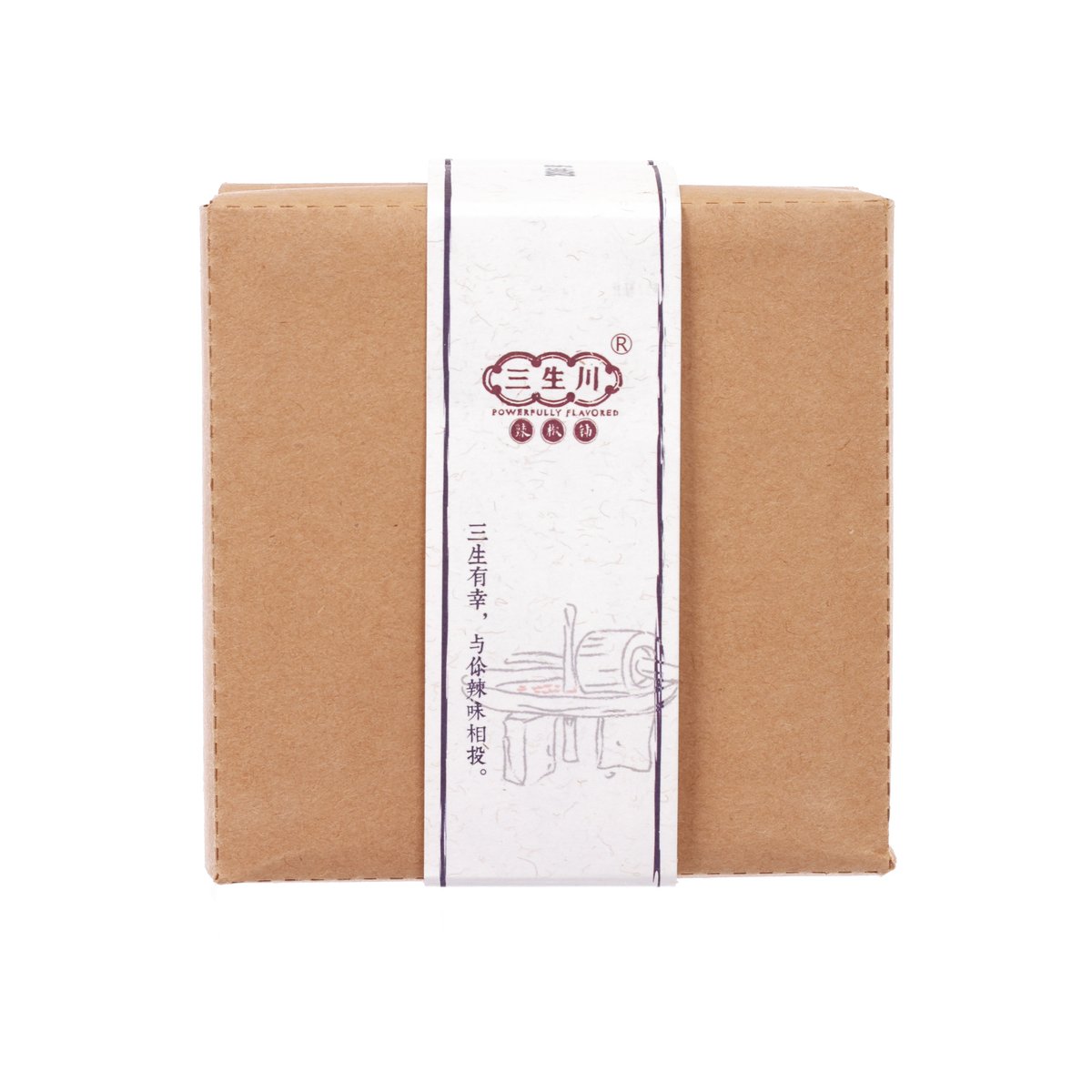 Stone ground chili sauce carton, brown kraft with white label band.