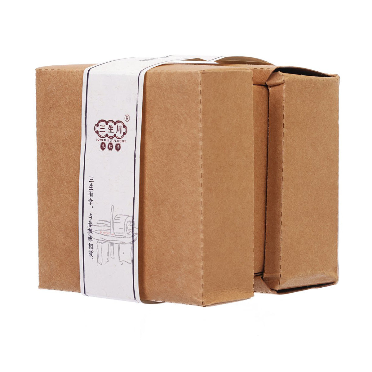 Stone ground chili sauce carton, brown kraft with white label and sealed flap.