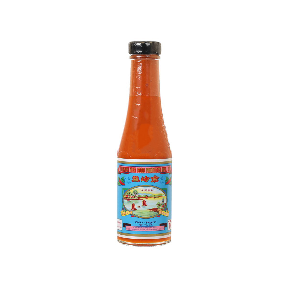 Orange chili sauce bottle with black cap and front label