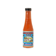Orange chili sauce bottle with black cap and front label