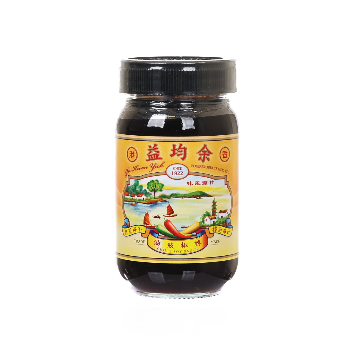 Chili soy sauce bottle with black cap, 230 mL, illustrated front label