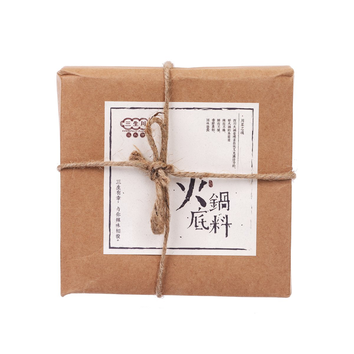Brown cardboard hot pot base package tied with twine, white label, 400 g