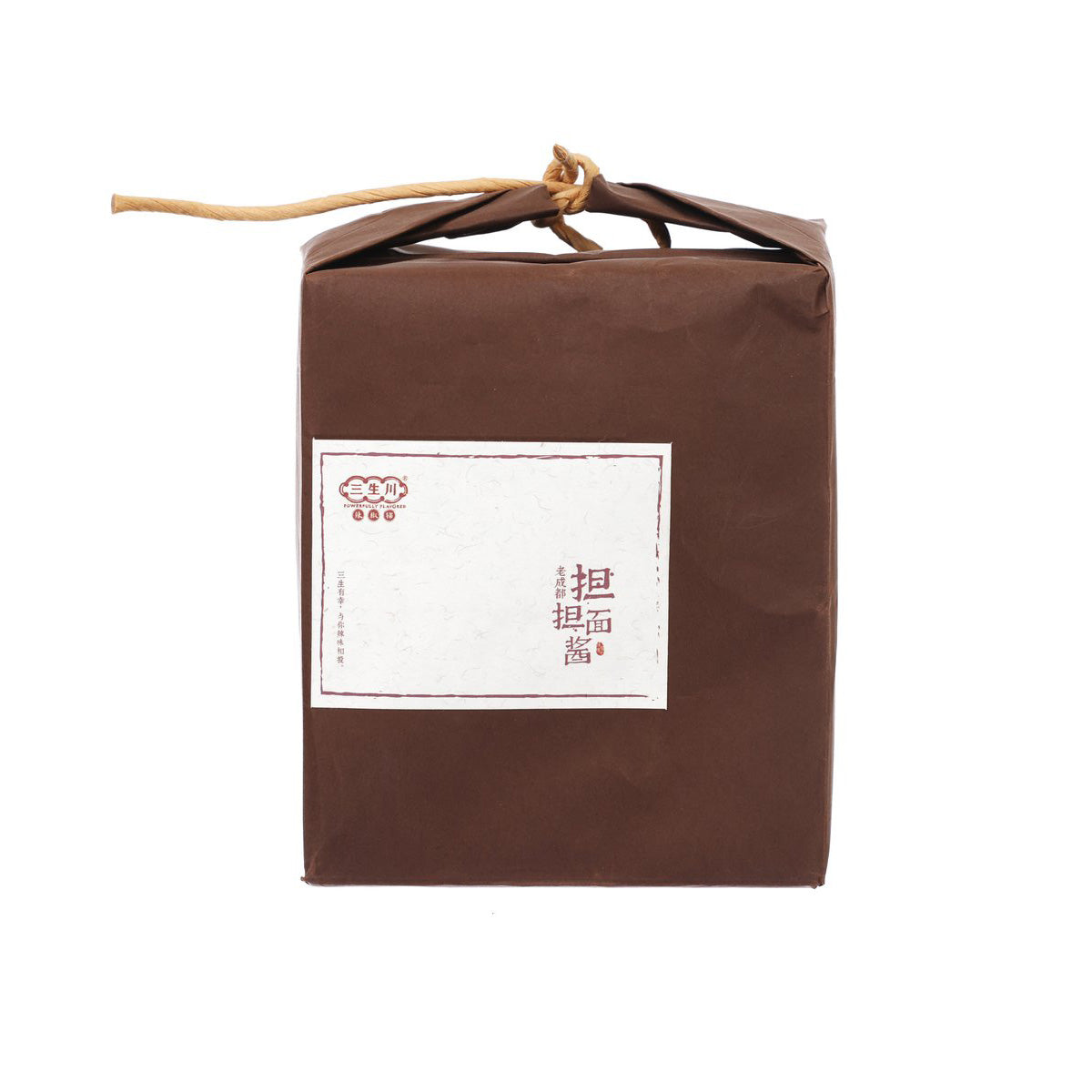 Brown paper-wrapped dandan noodles sauce bag with twine tie and front label