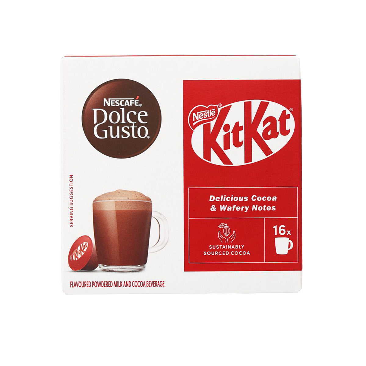 Nescafe Dolce Gusto KitKat cocoa capsules box, 16 servings, front view