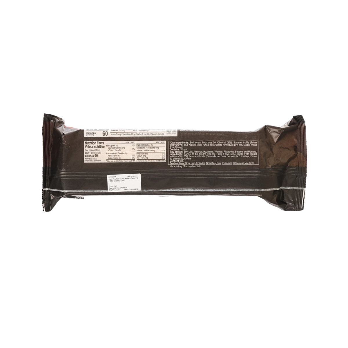 SAVINI truffle-flavored flatbread with olive oil, back of wrapped package