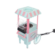 Mini popcorn maker cart with teal body, pink frame, striped roof, front wheel
