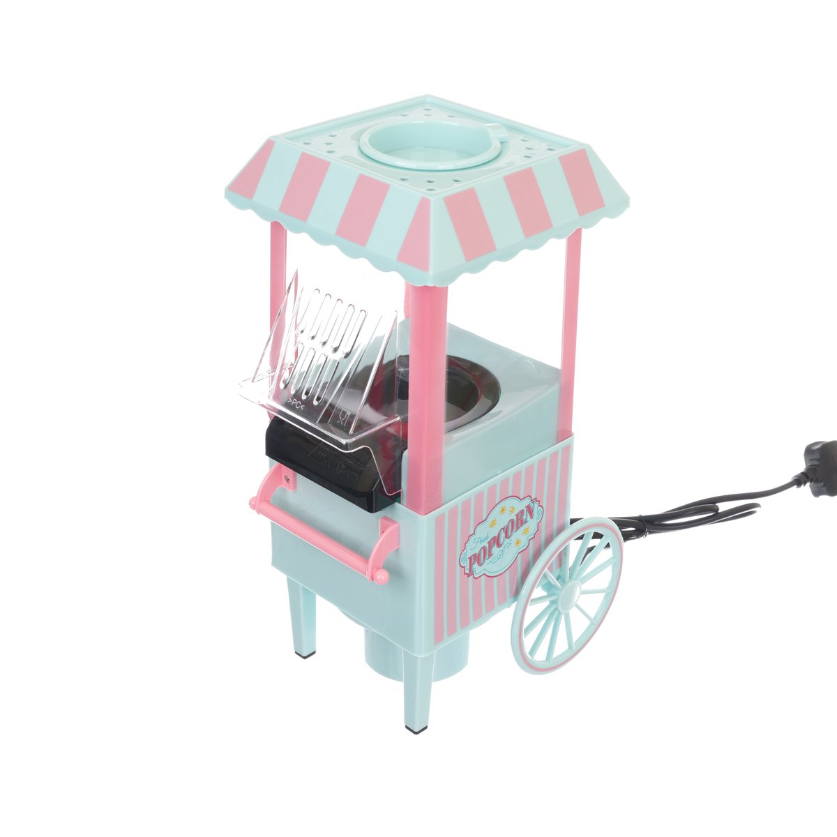 Mini popcorn maker cart with teal body, pink frame, striped roof, front wheel